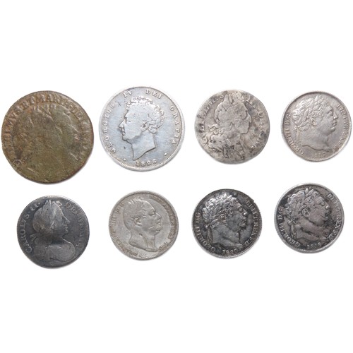 485 - British Early Milled coin group (8). To include, Charles II sixpence 1674, William & Mary Irish ... 