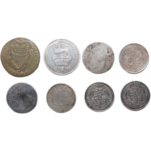 485 - British Early Milled coin group (8). To include, Charles II sixpence 1674, William & Mary Irish ... 