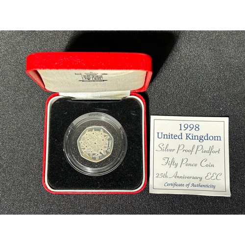 490 - Royal Mint: 1998 Silver Proof Piedfort Fifty Pence Coin. 25th Anniversary of the EEC.