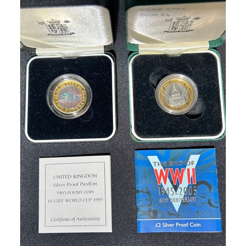 492 - Royal Mint: Silver Proof Two Pound Coins (6). 1997-1998 two coin set, 2001 Wireless Bridges the Atla... 