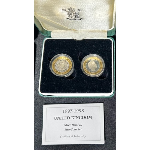 492 - Royal Mint: Silver Proof Two Pound Coins (6). 1997-1998 two coin set, 2001 Wireless Bridges the Atla... 