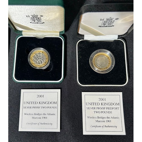 492 - Royal Mint: Silver Proof Two Pound Coins (6). 1997-1998 two coin set, 2001 Wireless Bridges the Atla... 