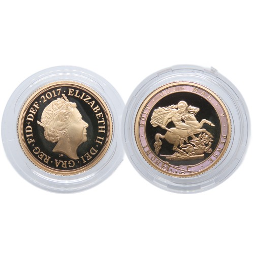 498 - Royal Mint, Elizabeth II 2017 Proof Sovereign. Gold, 7.98g. 20mm. Crowned bust right, ELIZABETH II D... 