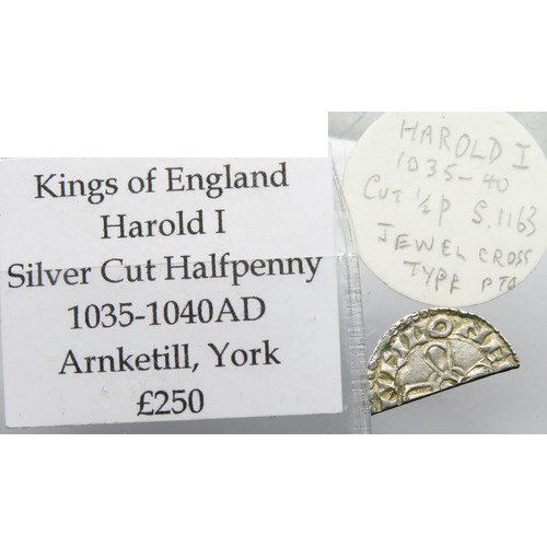 263 - Harold I cut half-penny, 1035-1040 AD. Jewel cross type. Moneyer Arnketill at the York mint. Silver,... 