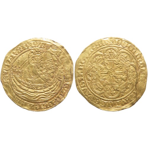 298 - Edward III Gold Half Noble. Fourth coinage, pre-treaty period, 1351-1361. King standing facing withi... 