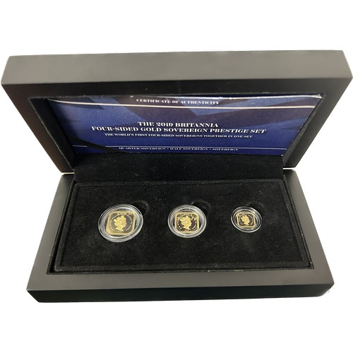 511 - The 2019 Britannia four-sided gold sovereign prestige set. (3). Sovereign, half and quarter sovereig... 