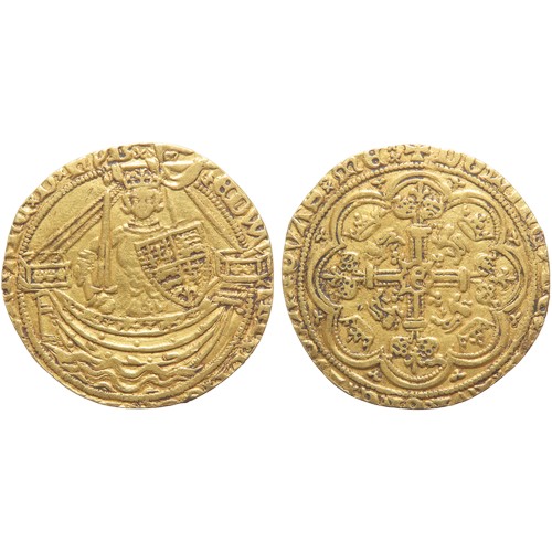 299 - Edward III Gold Half Noble. Fourth coinage, pre-treaty period, 1351-1361. King standing facing withi... 