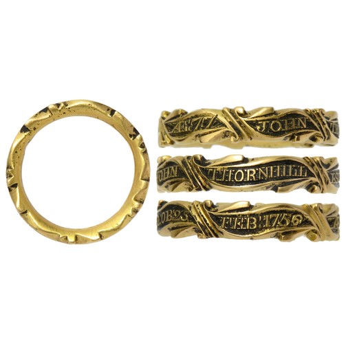 74 - Gold Mourning Ring. Dated 1756. Gold. 4.92g. 19mm x 3mm, ring size UK H; US 4. mm. A cast ring forme... 