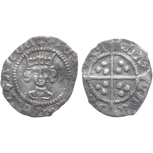 313 - Henry VI Halfpenny. Pinecone-mascle issue, 1431-32/3 AD. Calais mint. Crowned facing bust, +HENRIC R... 