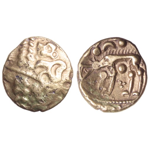 134 - Iceni: Norfolk Wolf gold stater. Circa 50 BC. Wreath, cloak and crescents. R. Wolf left, jaws open w... 