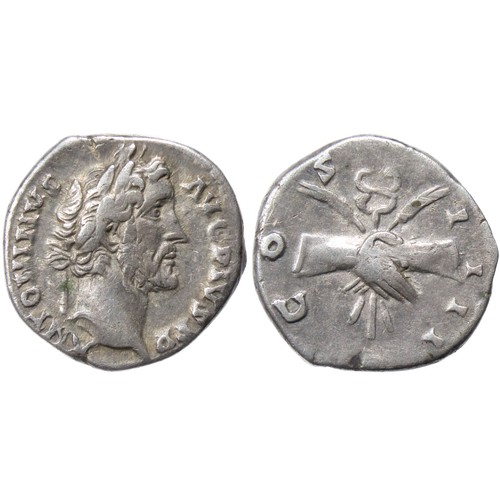 195 - Antoninus Pius Silver Denarius, 138-161 AD. Rome mint, 145-161 AD. ANTONINVS AVG PIVS PP. Laureate h... 