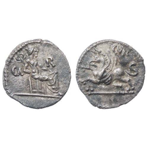 Excessively rare Caratacus silver unit. Circa 40-43 AD. Silver, 1.29g. 13mm. Figure seated right holding caduceus, CA R across field. R. Griffin rearing left, CA above. Ref: ABC 2903.