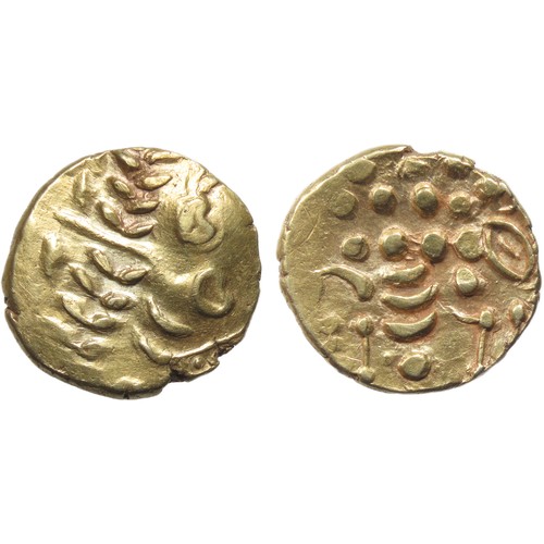 169 - Catuvellauni: Westerham North gold stater. Circa 50 BC. 6.31g, 20mm. Wreath motif, cloak and crude p... 