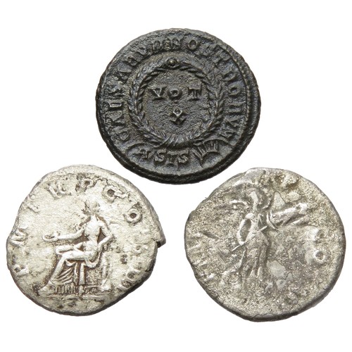 238 - Roman silver and bronze coin group (3). Circa 2nd-4th century AD. To include, two denarius of hadria... 