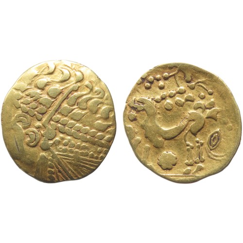 Bellovaci Gold Stater. Gallo-Belgic Ab broad flan type, c. 175BC-125BC. O: Flamboyant wreathed head with big hair left. R: Horse left, winged Victory as charioteer above, flower below. Some weakness on the obverse bust with a few superficial marks, the reverse very fine with full horse and bold Victory. Ref: VA 12-1; ABC 4; S. 2. 25mm, 7.48g.