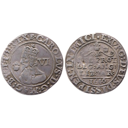 27 - Charles I Sixpence. Late Declaration 1645-1646. Bridgenorth-on-Severn. Mint mark B, 1646. Crowned bu... 