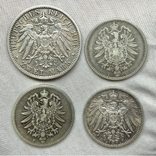 73 - German silver Marks (4). To include, Wilhelm II Zwei Mark 1906 and 3 x 1 Mark, 1874, 1875 and 1910.