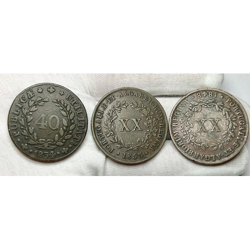 76 - Portugal Reis (3). Maria II (1834-53), bronze 40 Reis, 1834. 20 Reis 1848 & 1853.