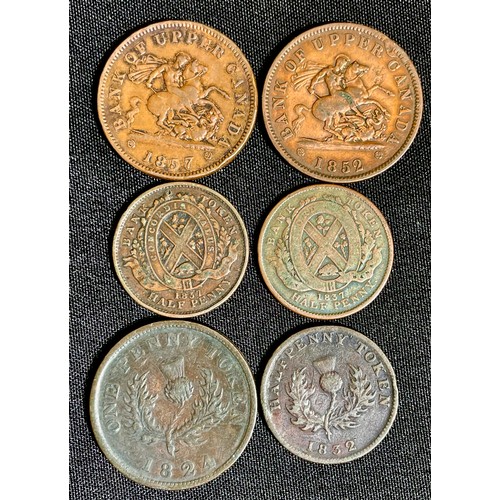 1158 - Canadian Tokens (6). 19th century, to include, Nova Scotia one penny token 1824, Nova Scotia halfpen... 