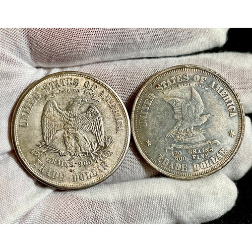 62 - United States: Two silver trade Dollars. 1885 and 1873. 420 grains of .900 fine silver. R. Seated Li... 