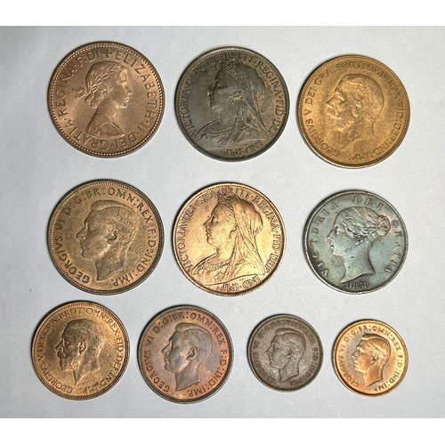 38 - Collection of British copper coins (11). 1858-1966. Pennies, halfpennies and farthings. Victoria, Ge... 