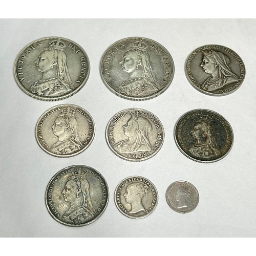 36 - Collection of Victoria silver coinage (9). 1843-1896. 2 x 1887 half crowns, 3 x shillings, 1887, 2x ... 