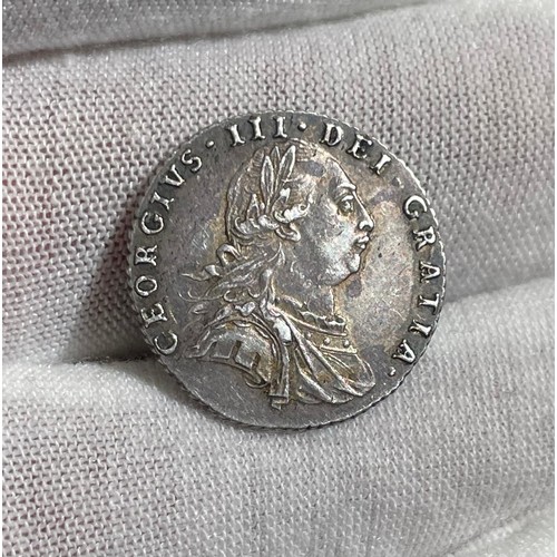 32 - George III silver sixpence, 1787. 3.0g, 21mm. Laureate bust right, GEORGIVS III DEI GRATIA. R. Cruci... 