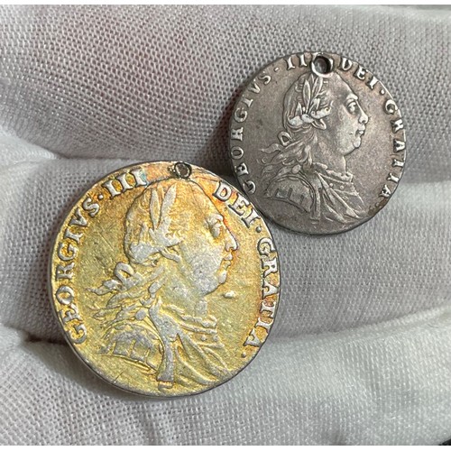 33 - George III coin group (2). 1787 sixpence and shilling. Both pierced for use as a pendants, the shill... 