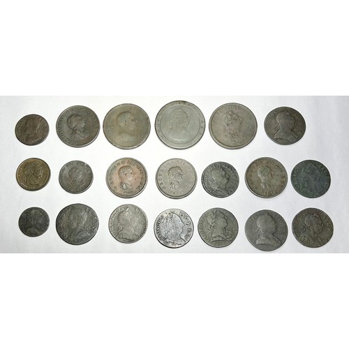 40 - Collection of milled copper coins (18). To include an Irish halfpenny of George I 1723, halfpenny an... 