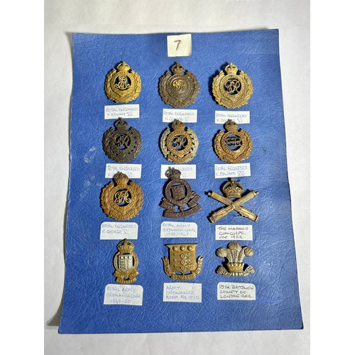 142 - Collection of WW I & II Army regiment cap badges (12). To include, Royal Engineers under king Ed... 