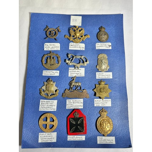 144 - Collection of Army regiment cap badges (12). To include, 5th Royal Irish Lancers pre 1922, 1st Kings... 