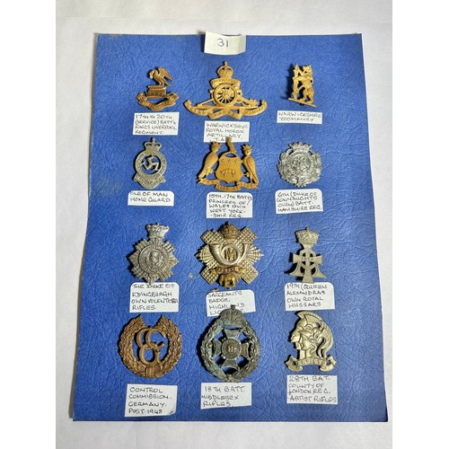 147 - Collection of Army regiment cap badges (12). To include, 17th & 20th Service Battalions, kings L... 