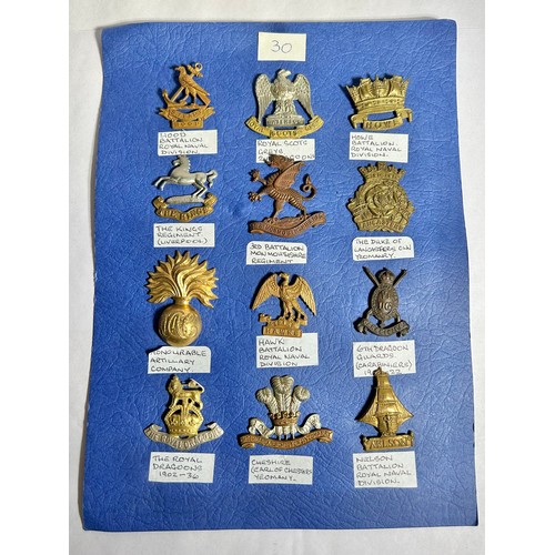 Collection of Army regiment cap badges (12). To include, Hood Battalion Royal Naval Division, Royal Scots Greys 2nd Dragoons, Howe Battalion Royal Naval Division, The Kings Reg. Liverpool, 3rd Battalion Monmouthshire Reg. The Duke of Lancasters Own Yeomanry, Honourable Artillary Company, Hawk Battalion Royal Naval Division, 6th Dragoon Guards, The Royal Dragoons 1902-36, Cheshire Earl of Chester Yeomanry and the Nelson Battalion Royal Naval Division. From a collection formed by a late WWII veteran.