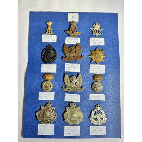 162 - Collection of Army regiment cap badges (12). To include, 19th Royal Hussars, Royal Irish Reg. 1900. ... 