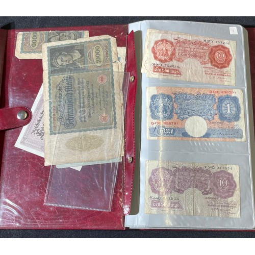 179 - World Bank note collection. A folder containing notes from the UK, various 10 shillings and £1 notes... 