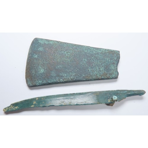 21 - Bronze Age Group (2). Circa 1500-800 BCE. Knife. blade and flat axe. 11.11g-79.49g. 72mm-102mm.