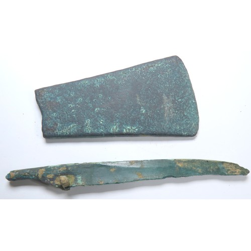 21 - Bronze Age Group (2). Circa 1500-800 BCE. Knife. blade and flat axe. 11.11g-79.49g. 72mm-102mm.