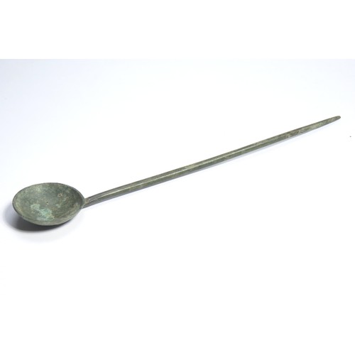 45 - Roman Spoon. Circa 1st-2nd century CE. Copper-alloy, 9.85g. 140mm. This type of small rounded bowl s... 