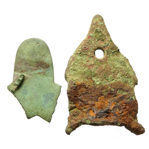 77 - Viking trefoil brooch and stirrup mount. Incomplete Anglo-Scandinavian copper alloy trefoil brooch o... 