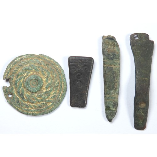 62 - Anglo-Saxon Artefacts (4). Circa 8th-10th century CE. To include a a gilt circular mount and three s... 