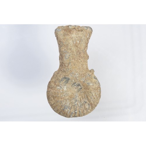 84 - Medieval pilgrims ampulla. Circa 15th century CE. Lead-alloy, 69g. 58mm. Pouch-shaped, both suspensi... 