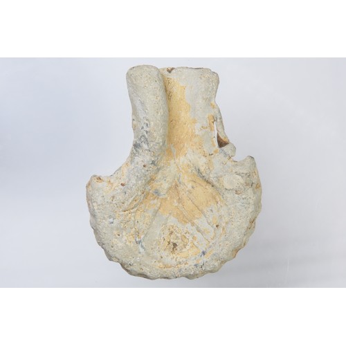 86 - Medieval pilgrims ampulla. Circa 15th century CE. Lead-alloy, 52.68g. 47mm. Pouch-shaped with suspen... 