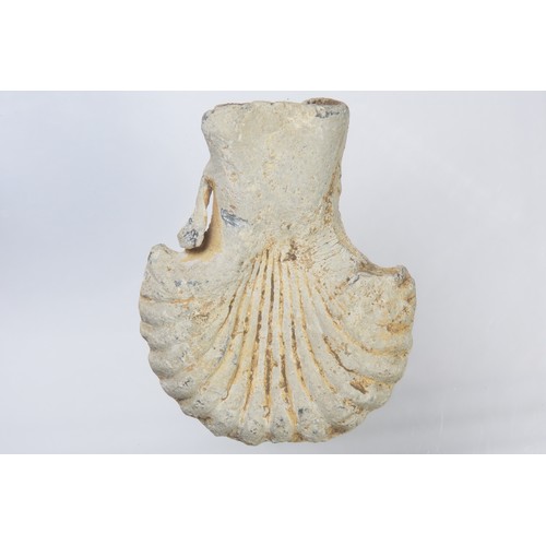 86 - Medieval pilgrims ampulla. Circa 15th century CE. Lead-alloy, 52.68g. 47mm. Pouch-shaped with suspen... 