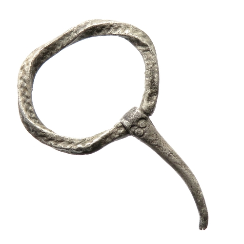 105 - Medieval silver annular brooch having a twisted frame with wrigglework decoration and a hinged pin f... 