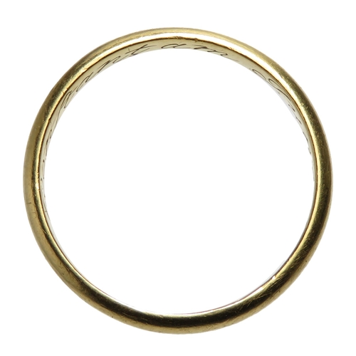 111 - 18th century gold posy ring. 3.76g, 22.1mm, UK ring size R. A plain band of high carat gold inscribe... 