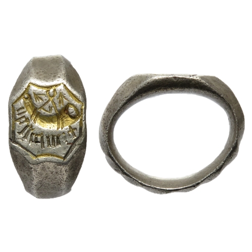 108 - Medieval silver gilt signet finger ring. Circa 14th-15th century CE. 13.9g, 25mm; UK ring size M. An... 