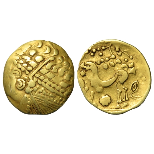 133 - Bellovaci Gold Stater. Gallo-Belgic Ab broad flan type, c. 175BC-125BC. O: Flamboyant wreathed head ... 