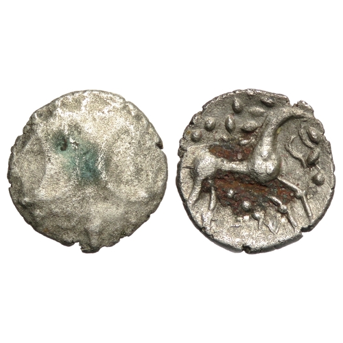 147 - Iceni ECEN EDN silver unit. Circa 10-43 AD. Back to back crescents over vertical wreath. R. Horse ri... 