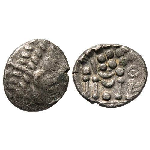 155 - Durotriges silver stater. Cranborne Chase type. Wreath, cloak and crescents. R. Disjointed horse lef... 