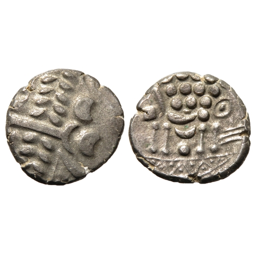 156 - Durotriges silver stater. Cranborne Chase type. Wreath, cloak and crescents. R. Disjointed horse lef... 